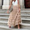 Women Pleated Long Skirts Ruffles Design Elegant Sexy Mesh Lace Loose Skirts Solid Mesh Patchwork Gauze Party Attire