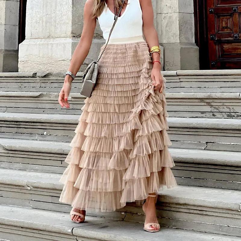 Women Pleated Long Skirts Ruffles Design Elegant Sexy Mesh Lace Loose Skirts Solid Mesh Patchwork Gauze Party Attire