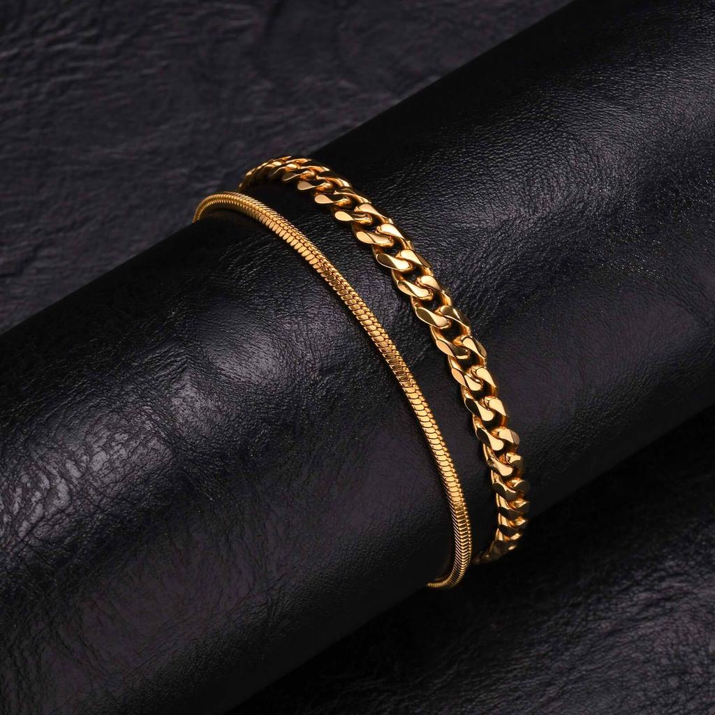 Hiphop 2pcs Stacked Chan Bracelets for Men Boys,Stainless Steel Cuban Chain Wristband,18/21/23CM