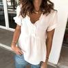 Women Shirt V Neck Ruffled Short Sleeves High Waist A Line Silhouette Casual Blouse Pure Color Loose Fit Tee