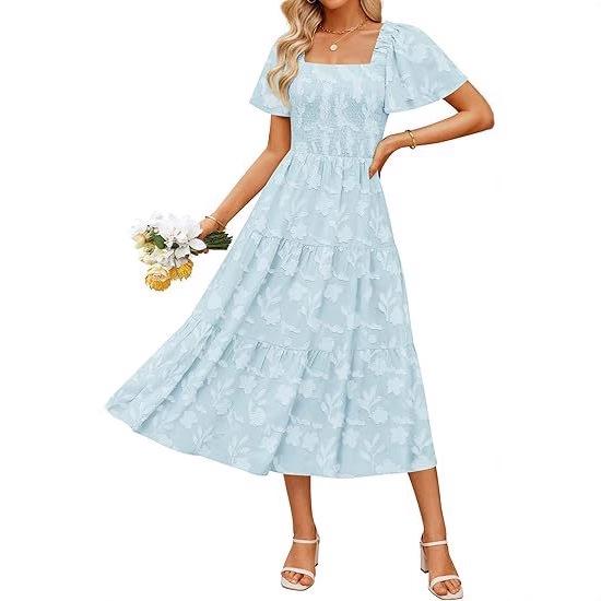 Bohemian Floral Square Neck Midi Dress - Women's Short-Sleeve Fashion
