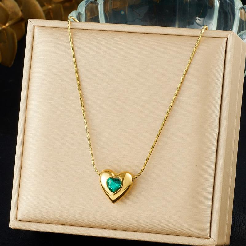 Gold Plated Snake Chain Necklace with Puffy Heart and Green Crystal Pendant Fashion Jewelry for Women