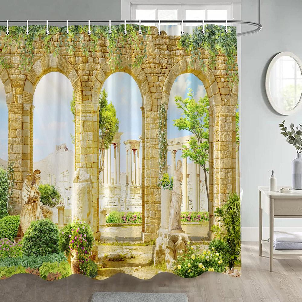 Italian Street View Shower Curtain Vintage Town Arch Floral Plant European Style Scenery Home Bathroom Curtains Decor with Hooks