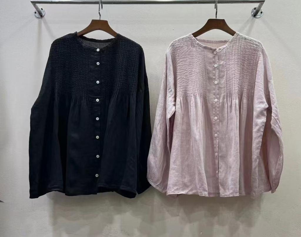 1116 Spring New Women's Crew Neck Japanese Pleated Top Shirt Loose Shirt Linen Pleated Single-breasted Long Sleeve