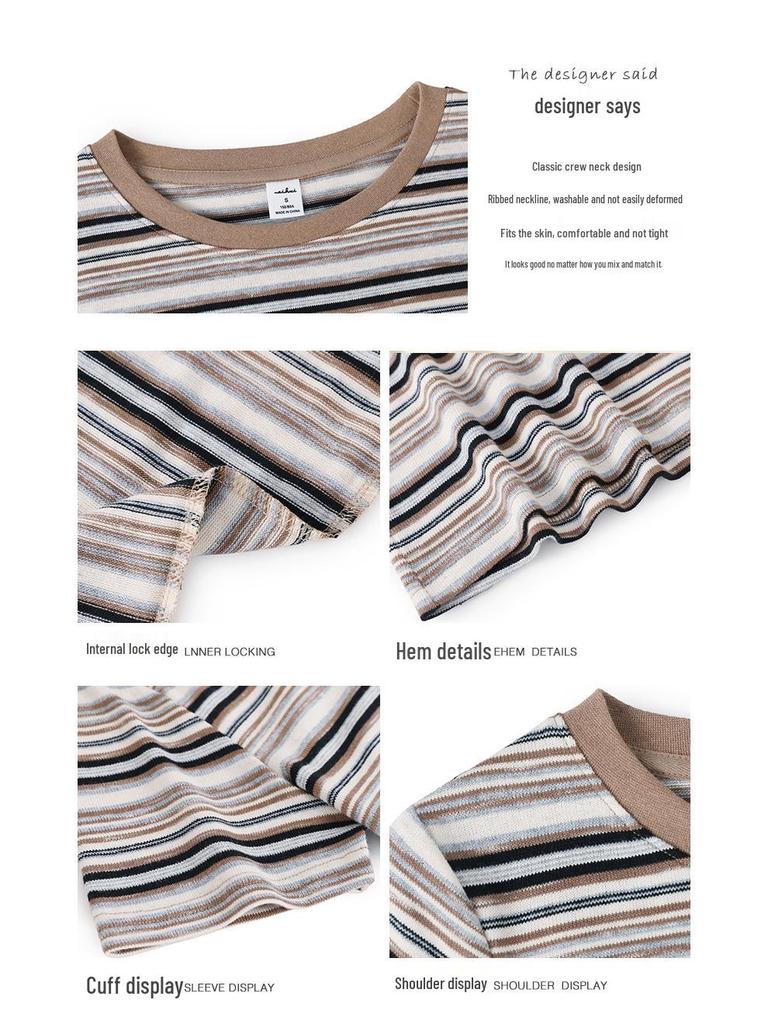 Women's Striped Short-Sleeve Round Neck Loose T-Shirt, Casual Color Block Plus Size, Japanese & Korean Style