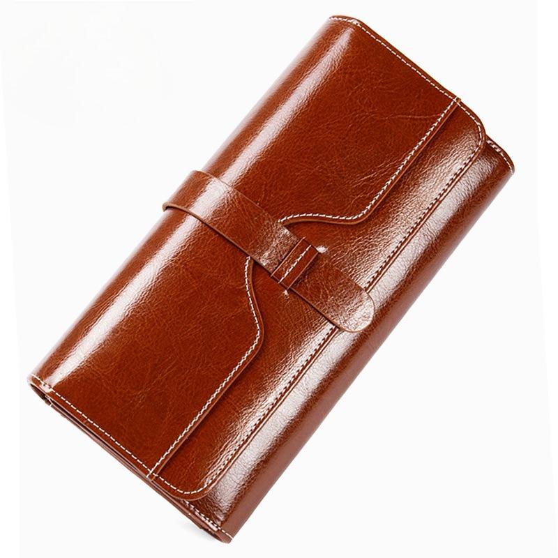 Pure leather three fold women's wallet, long buckle leather, cowhide, multi slot large capacity Korean version women's wallet, leather wallet