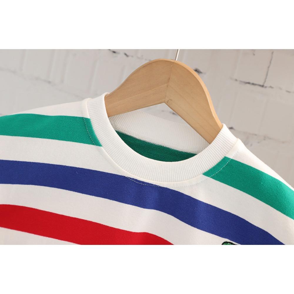 Children's Autumn Clothing Set for Boys and Girls Striped Round Neck Jeans Two-piece Set with Bag