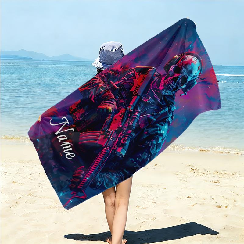 Personalized Cyberpunk Soldier Portrait Beach Towel Microfiber Beach Towel Thin Absorbent for Beach Swimming Yoga Bath Sports. 0910432