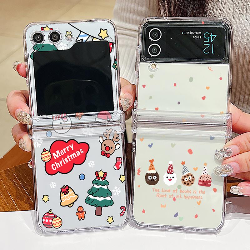 Christmas Santa Elk Print Case For Samsung Galaxy Z Flip 6 5 4 3 Hard Folding Clear Phone Cover For Samsung Z Flip5 Flip4 Flip6