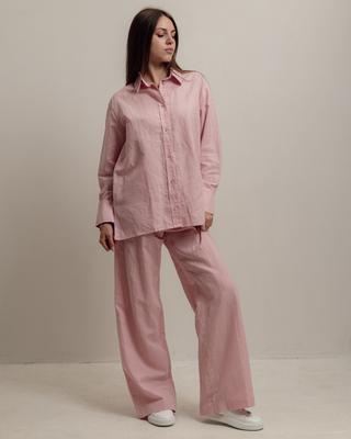 1219 S pembe keten kadın yazlık takım elbise (gömlek, pantolon)