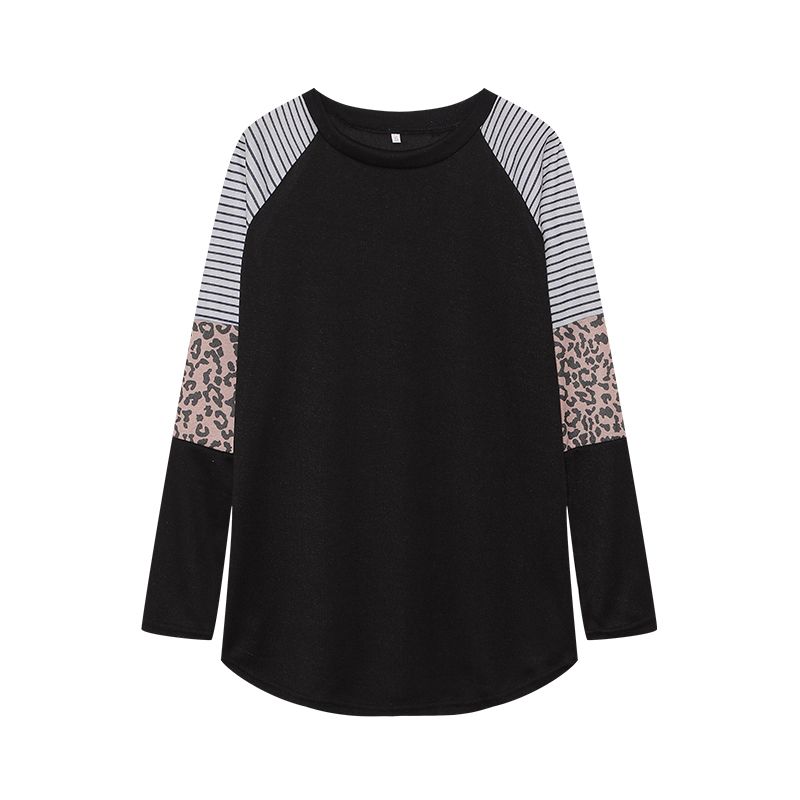 Cross-Border Fashion Autumn New round Neck Stripes Leopard Print Print Contrast Color Raglan Sleeve Long Sleeves T-shirt Women's Fashion All-Matching