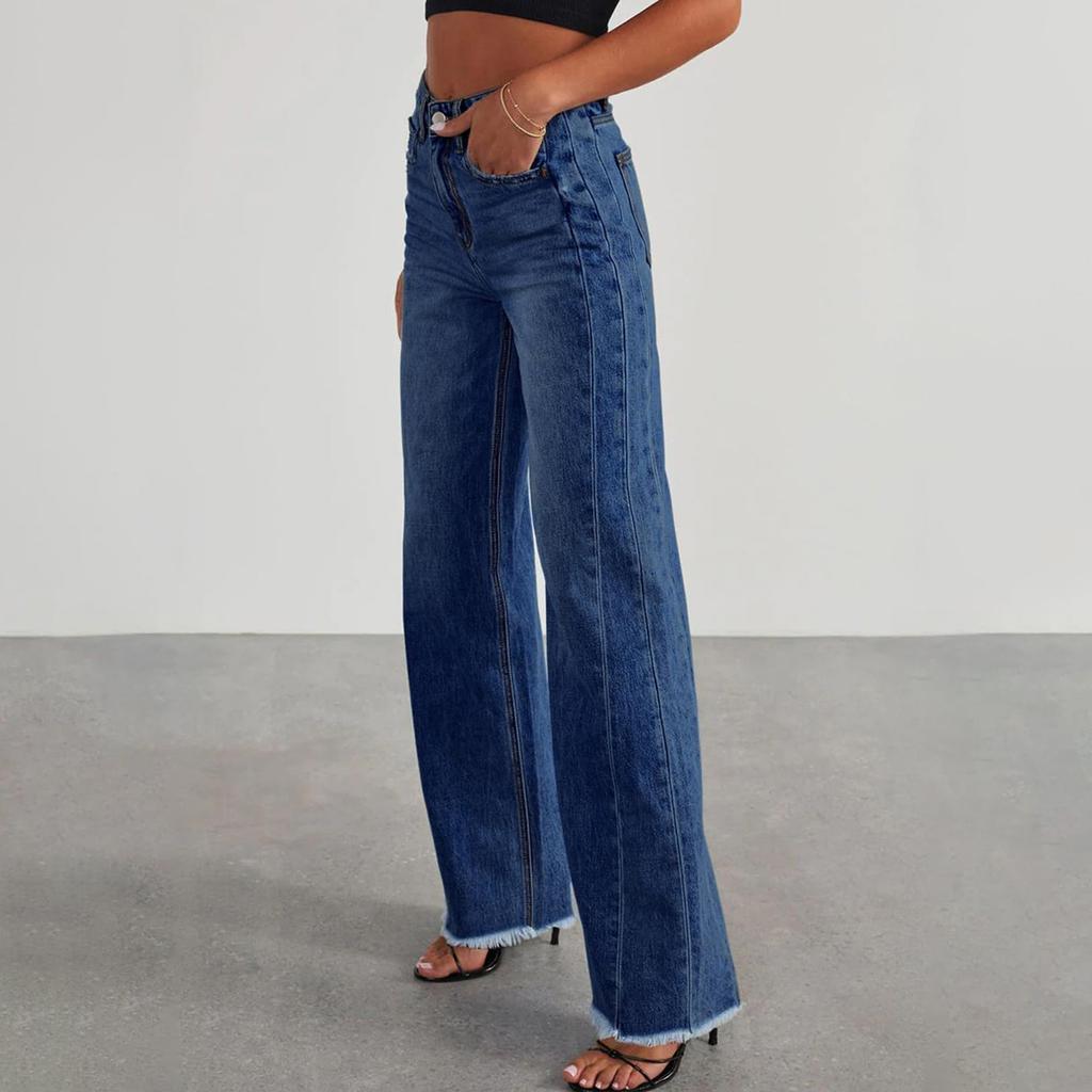 Women's Jeans Casual And Fashionable Straight Leg Elastic Fringed Denim Pants