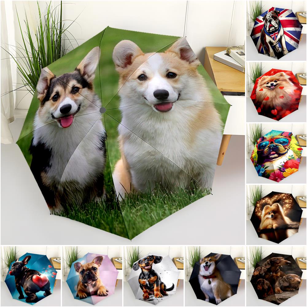 1pc Cute dog pattern Umbrella Portable Folding Umbrella Iron Frame Hole Bone Structure Outdoor Home Umbrella