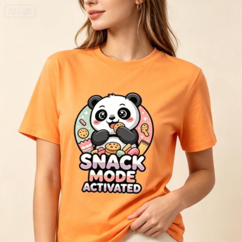 Kawaii Panda Unisex Cotton T Shirt Snack Mode Activated Cookie Dessert Graphic Foodie Lover Casual Crew Neck Tops
