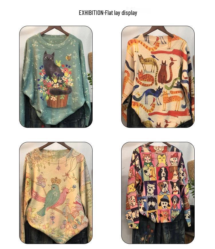 Autumn Winter Knit Loose Casual Long Sleeve Sweater with New Print Pattern