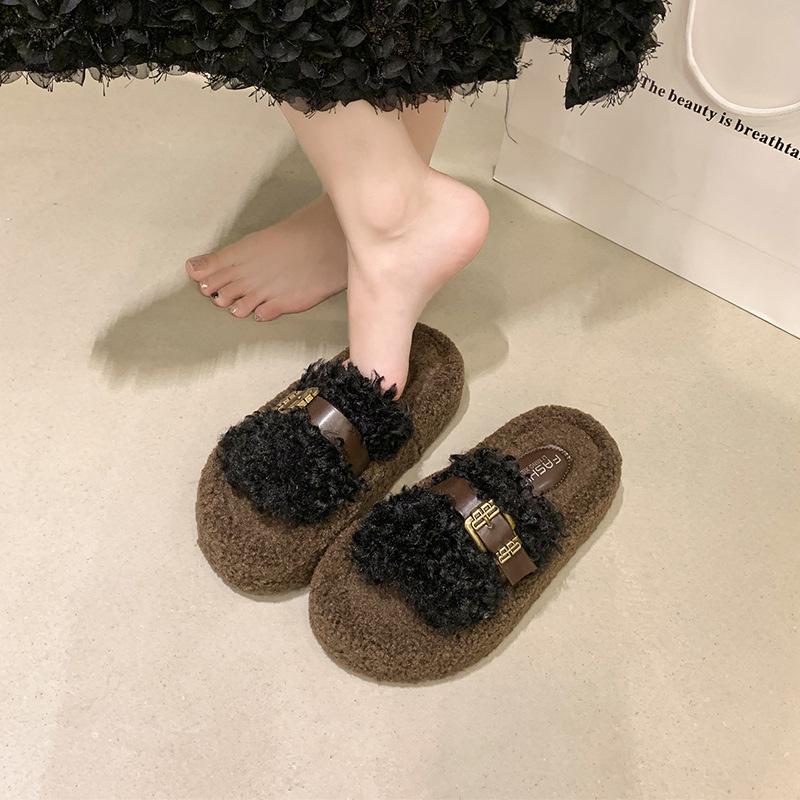 Retro thick-soled fluffy slippers women's outer wear 2025 autumn and winter Korean version comfortable curly slippers one-word cotton towing women's 