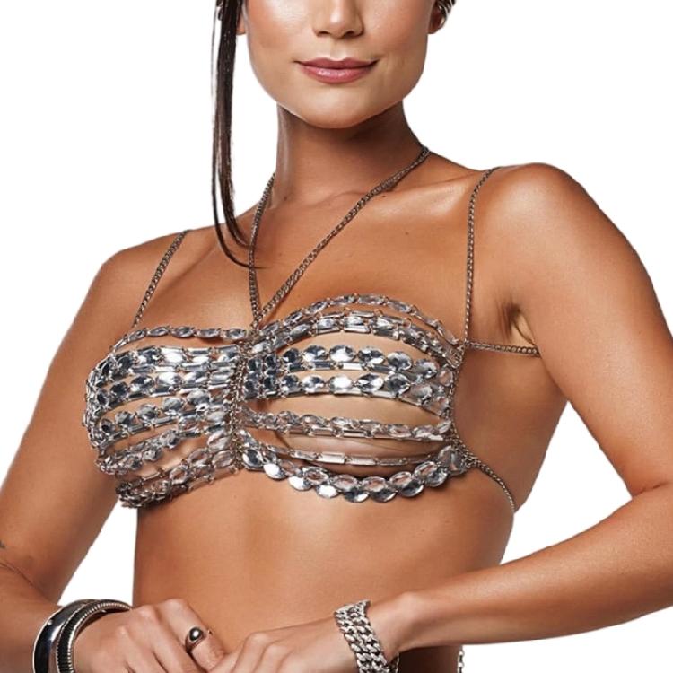 

Women Backless Halter Neck Body Jewelry Crop Top Acrylic Crystal Chest Chain Necklace Bralette for Beach and Party Wear 1
