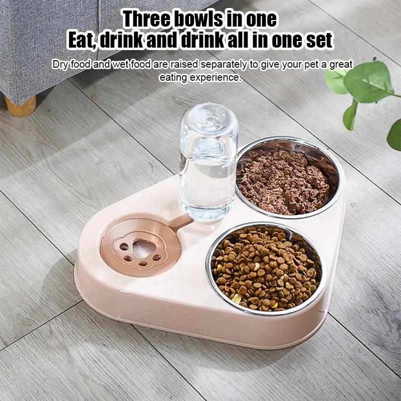 3-in-1 Pet Feeder Bowl Set with Water Bottle, Automatic Drinking & Double Stainless Steel Food Bowls for Dogs & Cats
