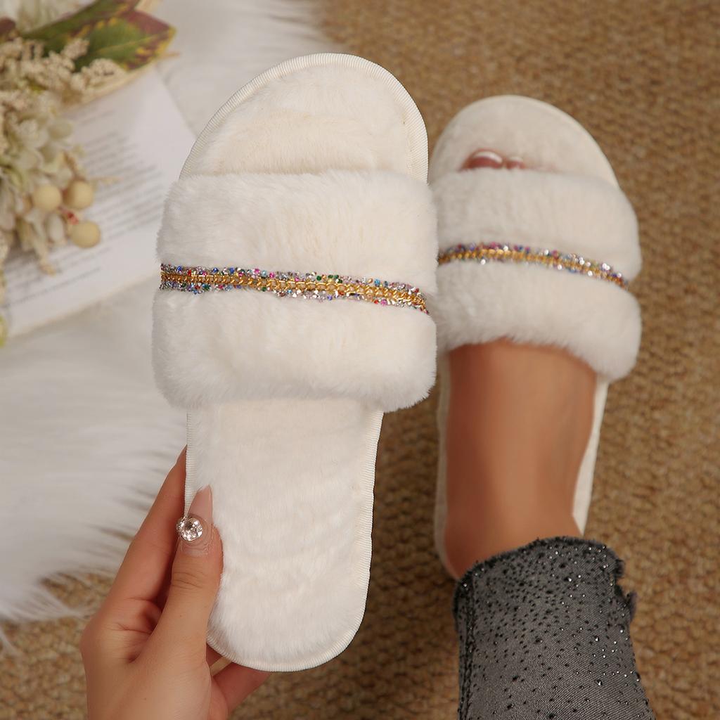 Fashion Women Shoes Luxury Home Fur Slippers Women Winter Indoor Cozy Open Toe Fluffy Slides Woman Comfortable Plush Warm House Slippers