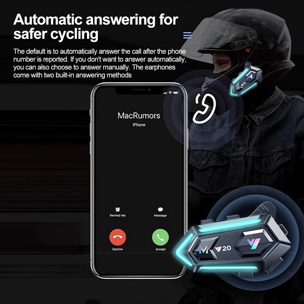 Y20 Motorcycle Helmet Bluetooth Headset BT5.3 Handsfree Call Wireless Noise Reduction Waterproof Headphone with RGB Light