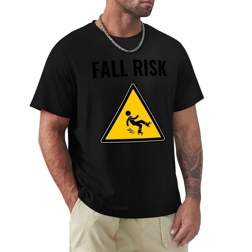 Fall Risk Roller Skater Falling Sign Funny Tshirt Work Daily Short Sleeve Top