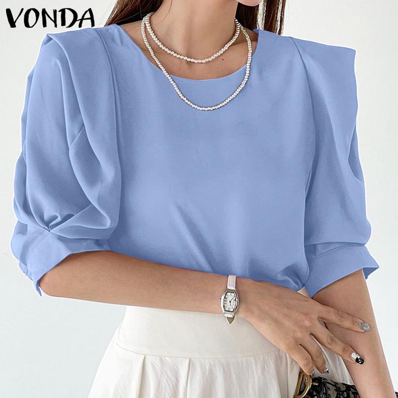 

VONDA Элегантные женские повседневные свободные топы с короткими рукавами S синий