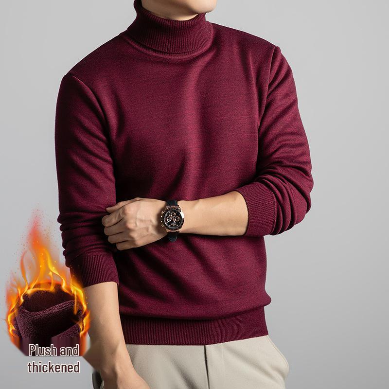 Men's Thick Velvet Wool Sweater - Machine Washable High Neck, Autumn/Winter, 550g Warm Base Layer