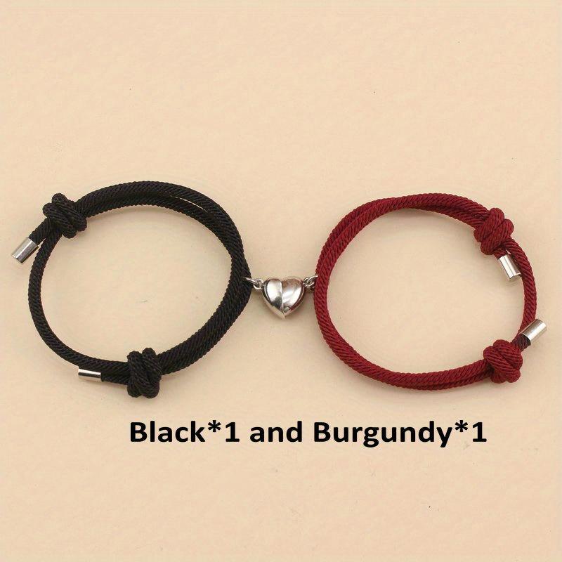 2pcs/set Magnetic Heart Charm Braided Rope Adjustable Bracelets For Couples, Holiday Birthday Gift For Boyfriends / Girlfriends