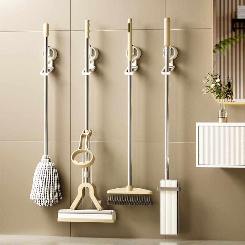 Suction cup mop rack, household bathroom broom rack without drilling, load-bearing, reusable and ready for installation