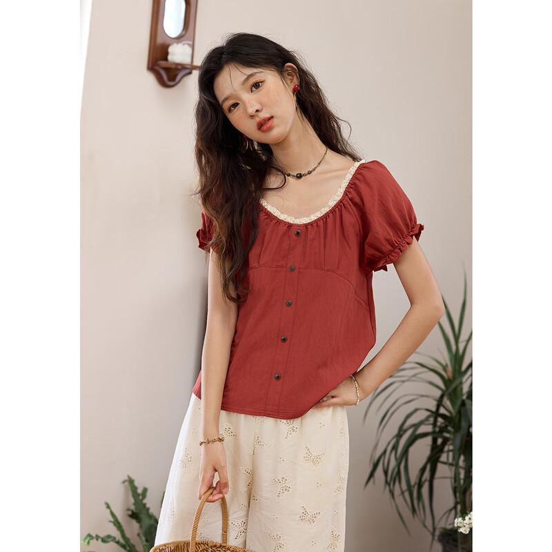 French Retro Sweet Lace Puff Sleeve Short Blouse M