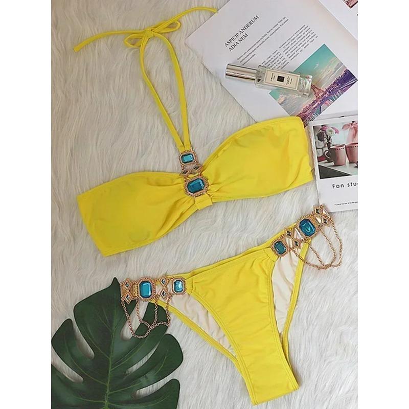 

2025 Блискуче стразове діамантове бікіні Жіночий купальник Жіночий купальний костюм Комплект бікіні з двох частин Халтер Металеві ланцюжки Купальний костюм S