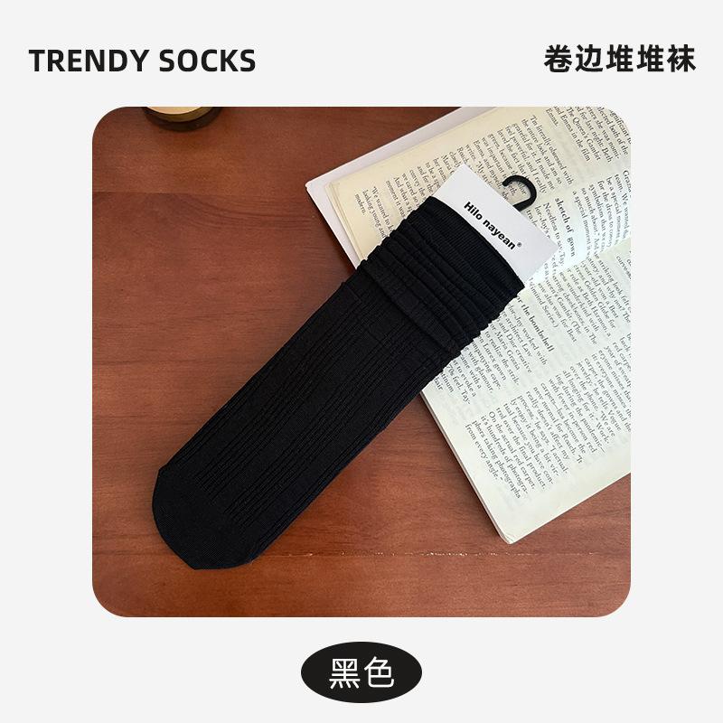 Socks Autumn Stacking Socks Mesh Breathable Crimped Boneless Cotton Socks Versatile Solid Color Medium Tube Socks Socks Industry