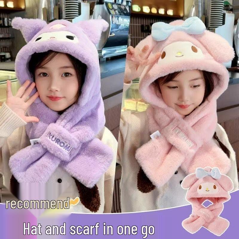Kuromi Melody Plush Hat & Scarf Set for Kids - Cute, Warm, Cartoon Winter Accessory