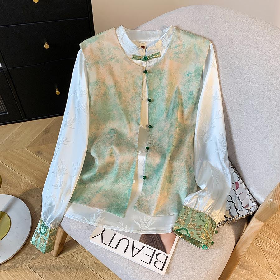 

New Chinese Style Jacquard Satin Waistcoat with Stand-Up Collar & Frog Buttons Small