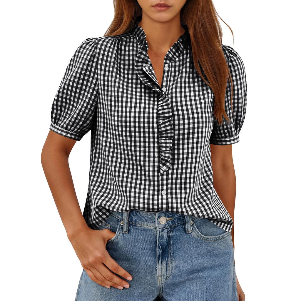 Damska Modna Koszulka T-shirt Top w Kratkę z Dekoltem V na Guziki, Codzienny, Lekki, Krótki Rękaw, z Falbanką