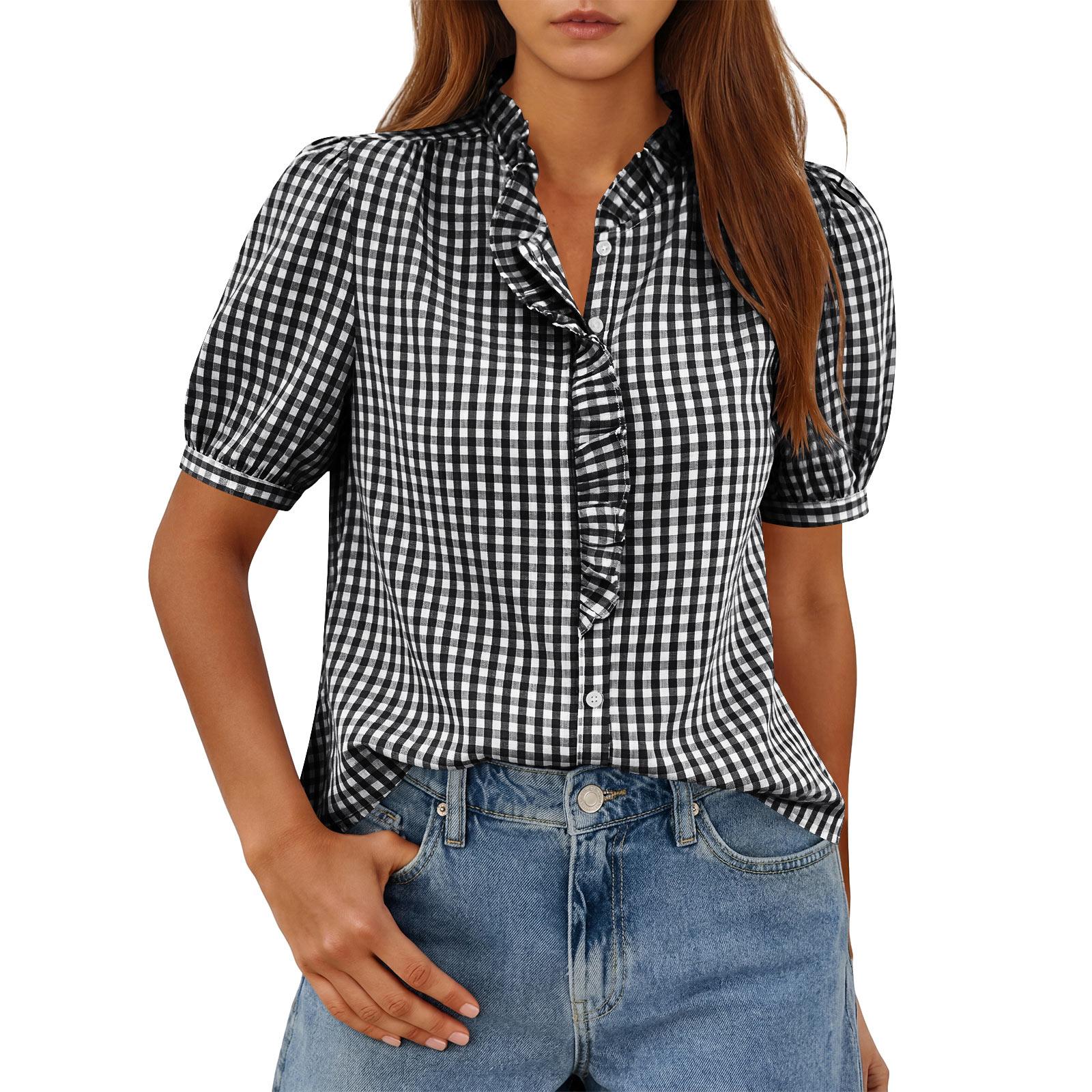 

Women Fashion Plaid Print V Neck Button Pullover Casual T Shirt Top Lightweight Short Sleeve Blouse with Ruffle Detail L чёрный