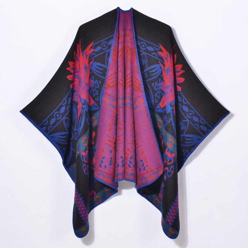 

Осень и зима ретро утолщенная теплая шаль накидка модный цветочный разрезной жаккардовый шарф 130x150cm