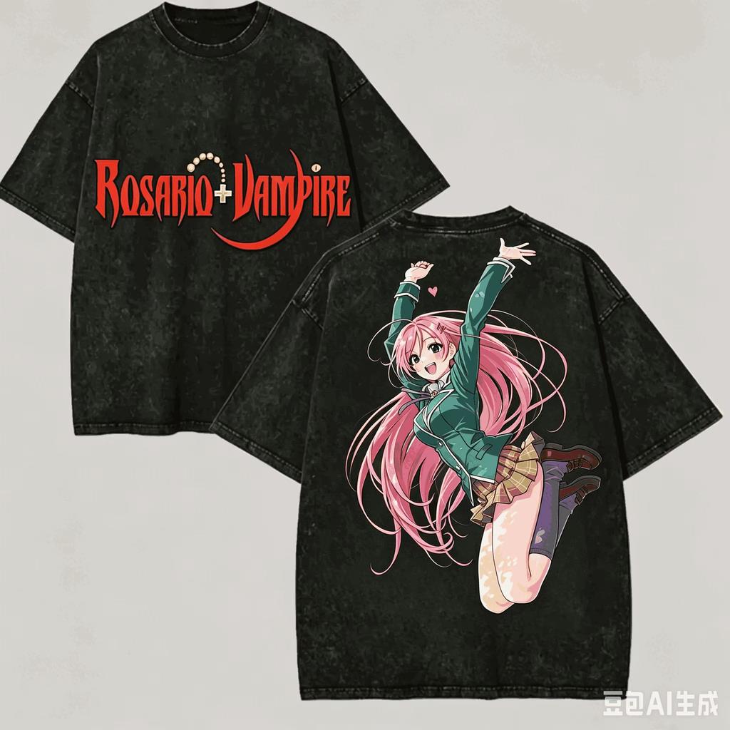 2026 Rosario To Vampire Washed T-shirt Anime Lover Harajuku New Model Unisex Oversized Personality Clothes