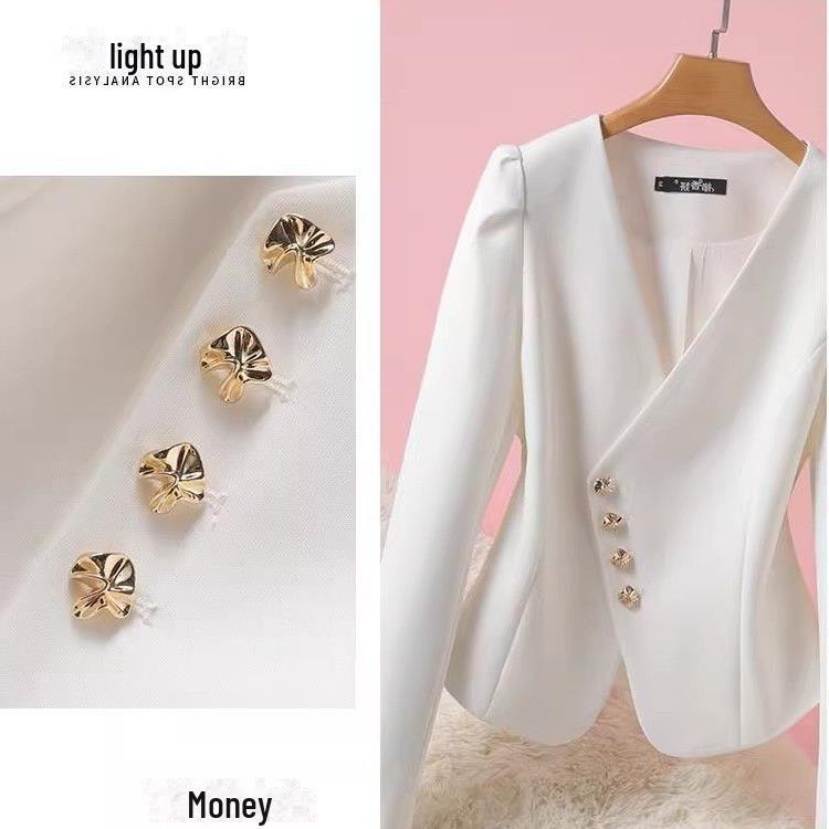 Damska marynarka bez kołnierzyka z bufiastymi rękawami, wąska, wiosna/jesień 2024