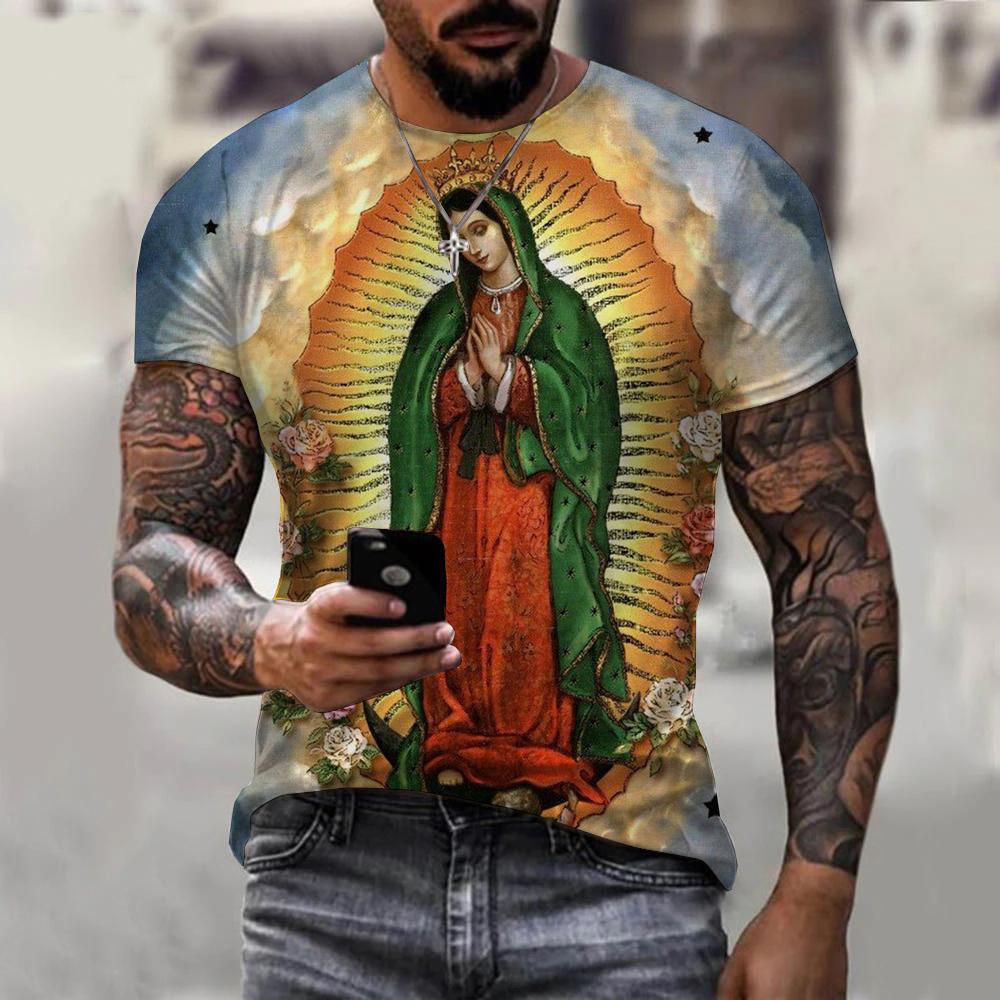 Summer Round Neck 3D Guadalupe Virgin Mary Catholic Print Top Fashionable Casual Short Sleeved Men's T-shirts
