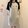 Casual style contrasting color splicing round neck T-shirt summer dress women's short-sleeved letter loose waist bell-shaped mid-skirt