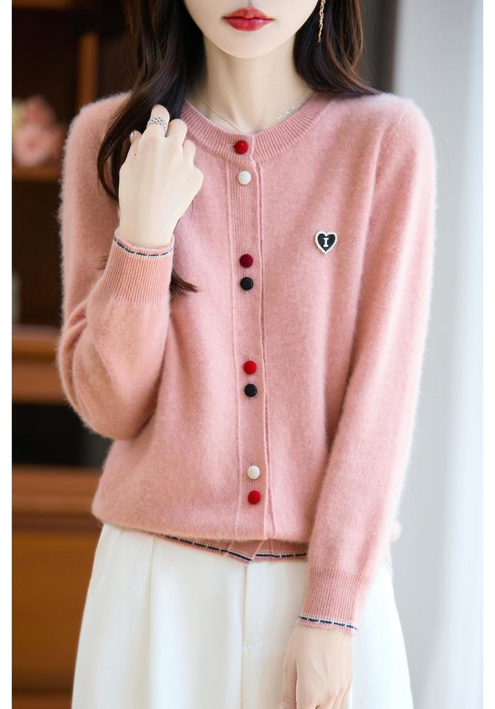 Women's Loose Round Neck Wool Cardigan with Colorful Buttons