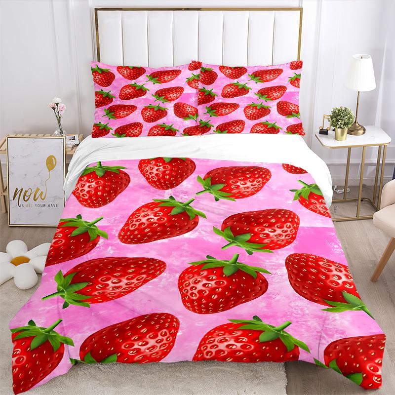 3Pcs Strawberry Pattern Printed Bedding Set, Breathable And Soft, Machine Washable, Christmas Gift, Suitable for Bedroom Decoration, 15180