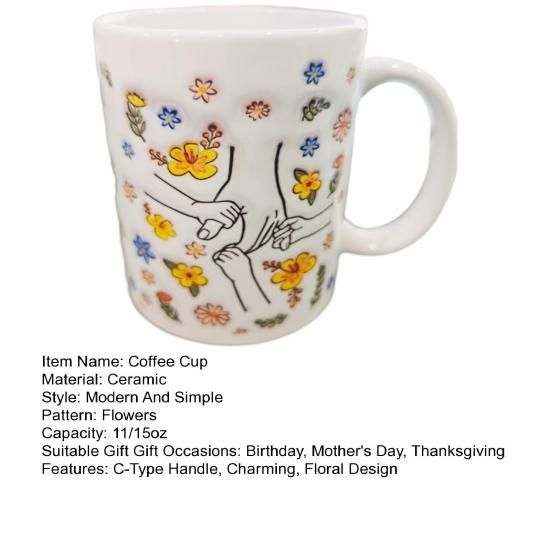 Ceramic Coffee Mug for Mom Floral Water Mug 11/15oz C-type Handle Drinking Cup Handcrafted Birthday Christmas Gift for Mom Grandma Daughter