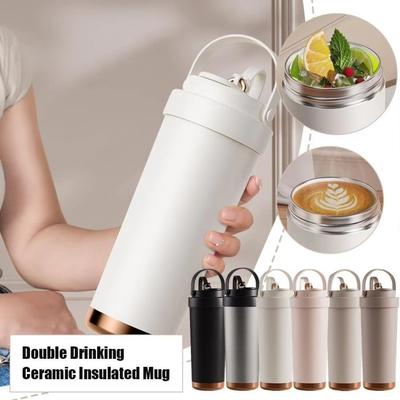 Large Capacity Insulated Cup Dual Drink Straw Cup with Hand New Coffee Cups for Men Women