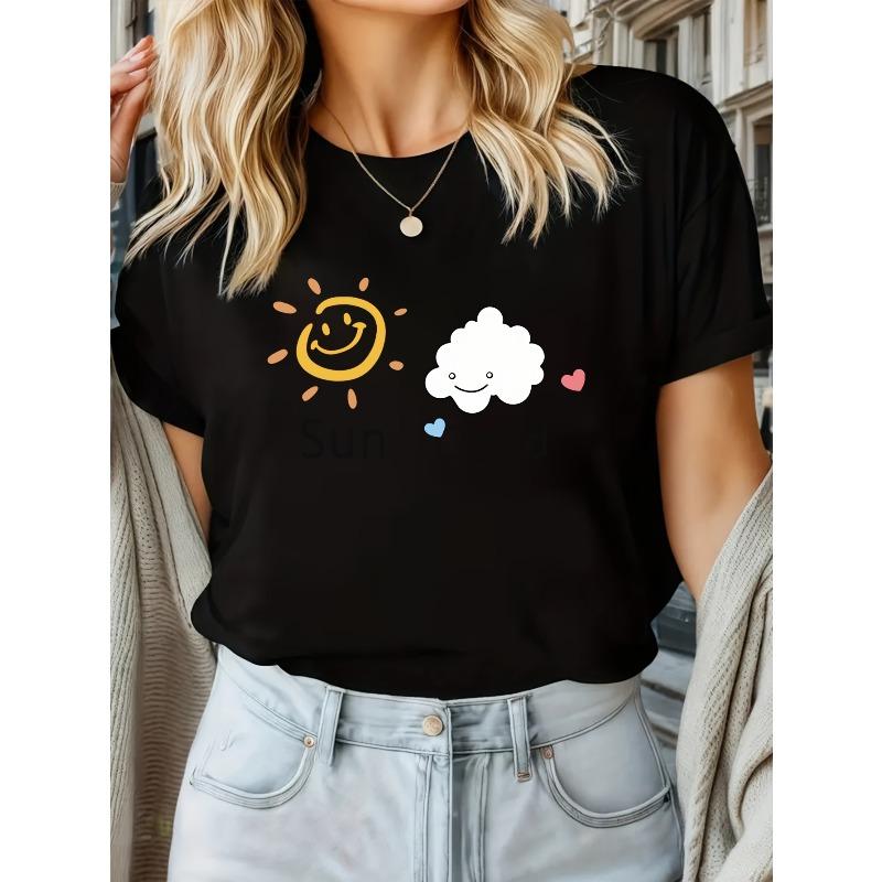 

Cute Sun and Cloud Print T-Shirt, Women s Pure Short Sleeve, Summer Fashion Versatile Style 4XL чорний