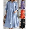 Women Fashion 3 Buttons V Neck Dresses Casual Plus Size Half Sleeve Loose Solid Color Cotton Linen Dress