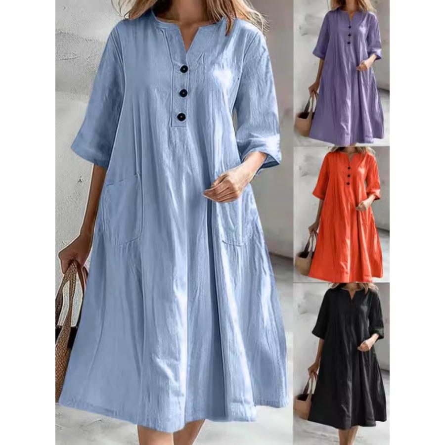 Women Fashion 3 Buttons V Neck Dresses Casual Plus Size Half Sleeve Loose Solid Color Cotton Linen Dress