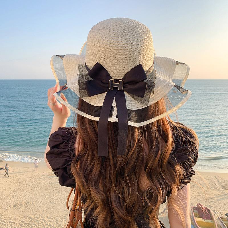 2024 Spring/Summer New Sun Hat with Ribbon Knot Decoration for Adult Straw Hat Sunscreen Beach Hat Elegant