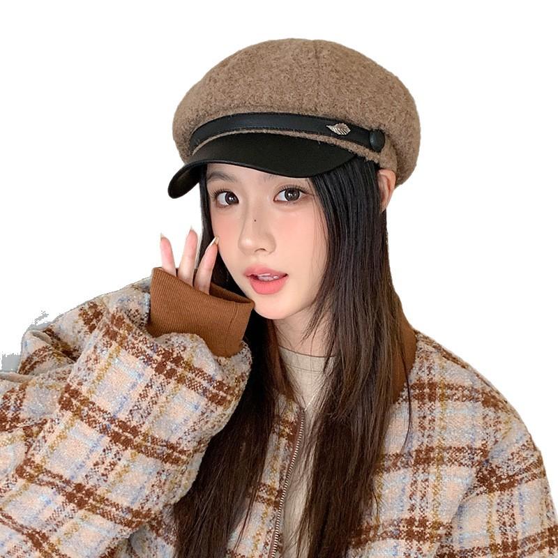 Korean Leather Brim Fashion Versatile Octagonal Hat Autumn and Winter Hat Women's Style Plus Velvet Warm Beret Temperament Newspaper Boy Hat
